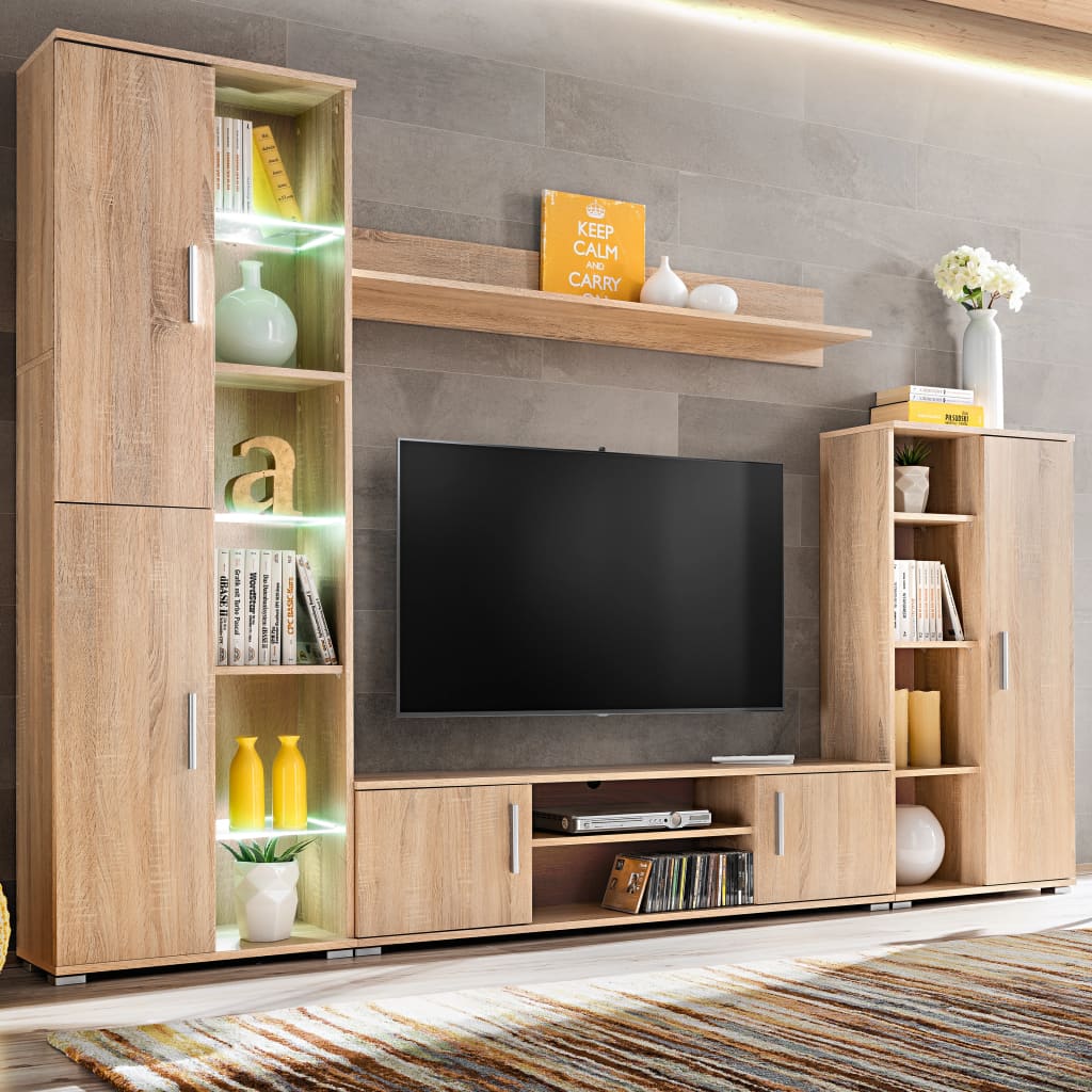 vidaXL Mobilă de perete cu spațiu TV, iluminare LED, stejar sonoma Iluminare imagine noua