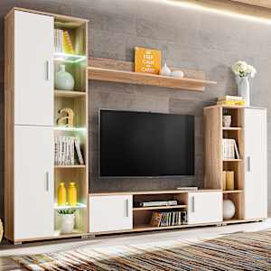 Stenska enota za TV z LED osvetlitvijo sonoma hrast in bela