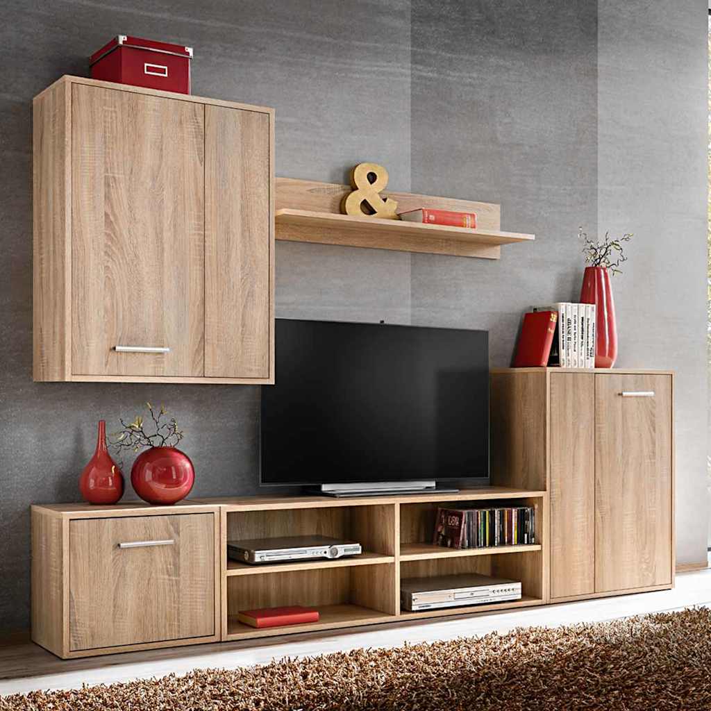 Wall-mounted Sonoma oak TV cabinet set with five pieces, featuring shelves and storage compartments.