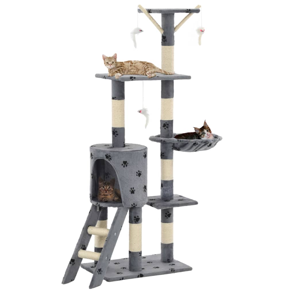 vidaXL Ansamblu pisici stâlpi funie sisal, 138 cm imprimeu lăbuțe, gri