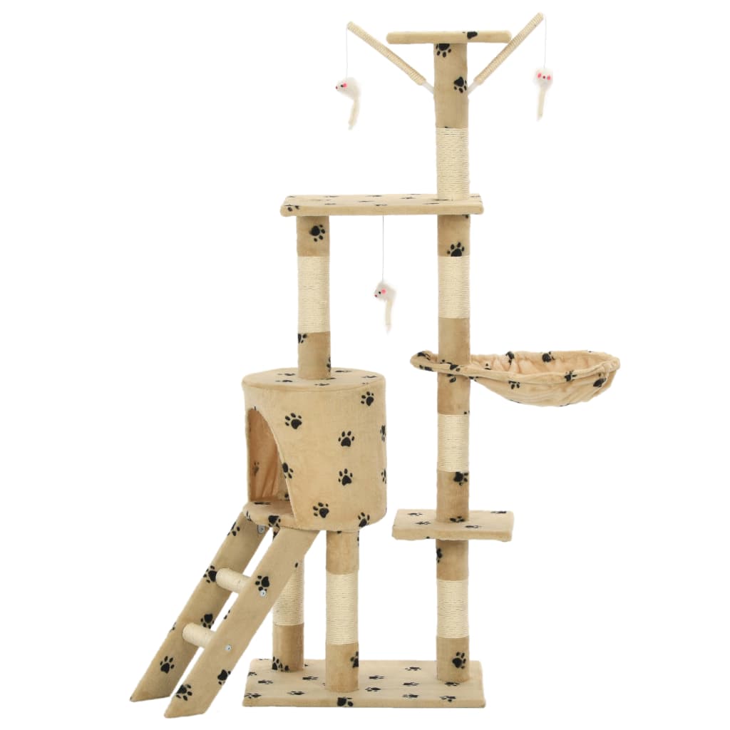 vidaXL Ansamblu pisici stâlpi funie sisal, 138 cm imprimeu lăbuțe, bej