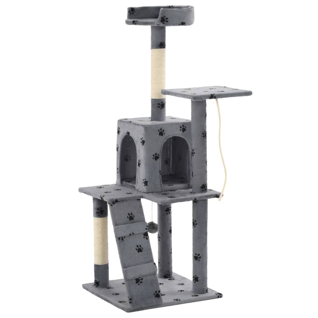 vidaXL Ansamblu pisici stâlpi funie sisal, 120 cm imprimeu lăbuțe, gri