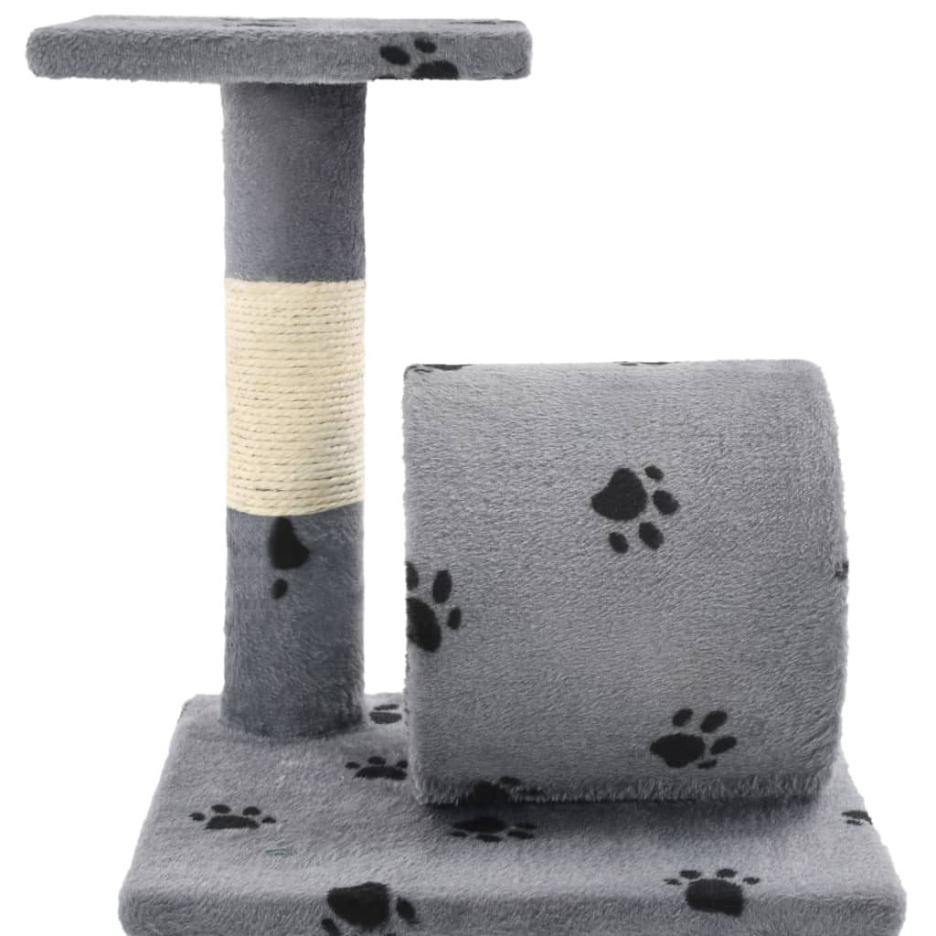 Szürke, mancsmintás macskabútor szizál kaparófákkal 65 cm 