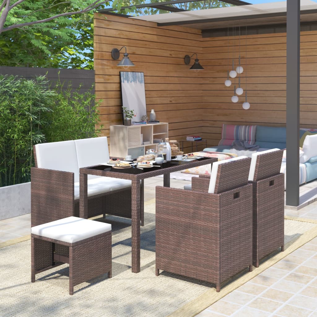 vidaXL 6-tlg. Garten-Essgruppe mit Auflagen Poly Rattan Braun