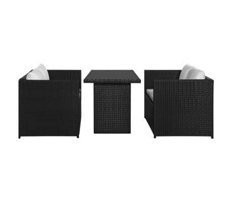 vidaXL 3-delige Loungeset met kussens poly rattan zwart