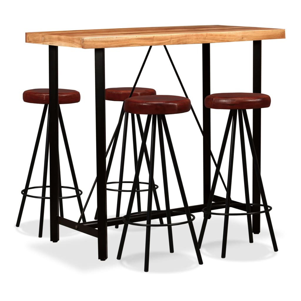 vidaXL Set mobilier bar, 5 piese, lemn masiv acacia și piele naturală acacia