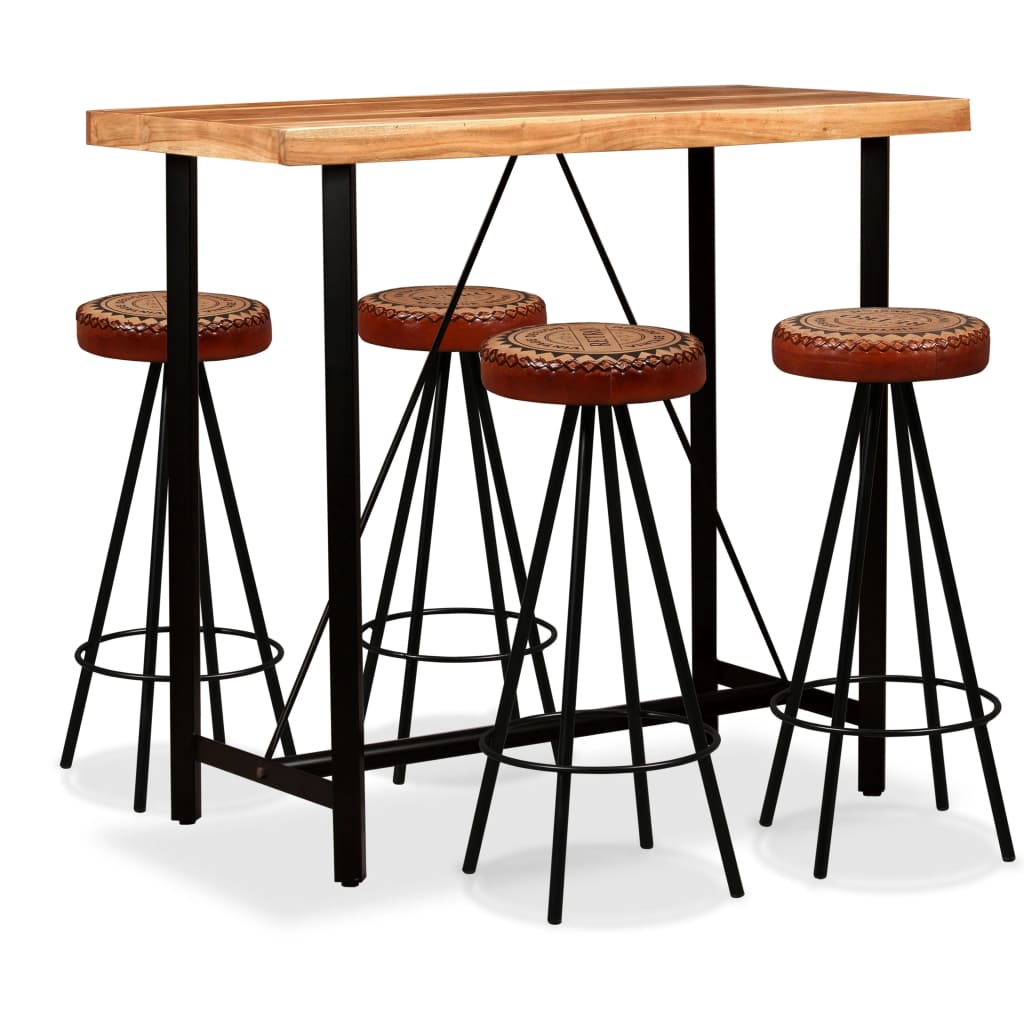vidaXL Set mobilier bar, 5 piese, lemn acacia, piele naturală & pânză vidaXL