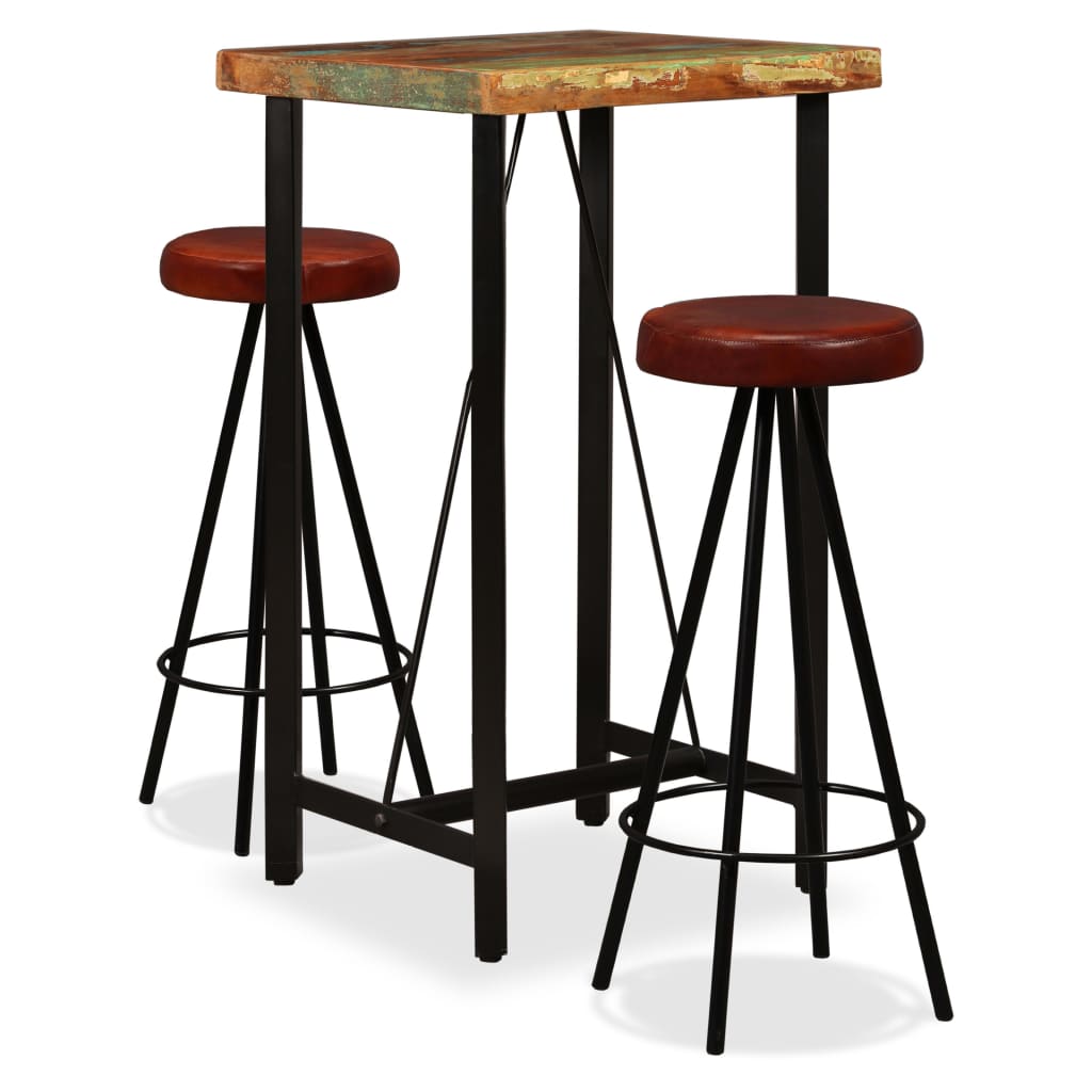 vidaXL Set mobilier bar, 3 piese lemn masiv reciclat și piele naturală vidaXL imagine noua 2022