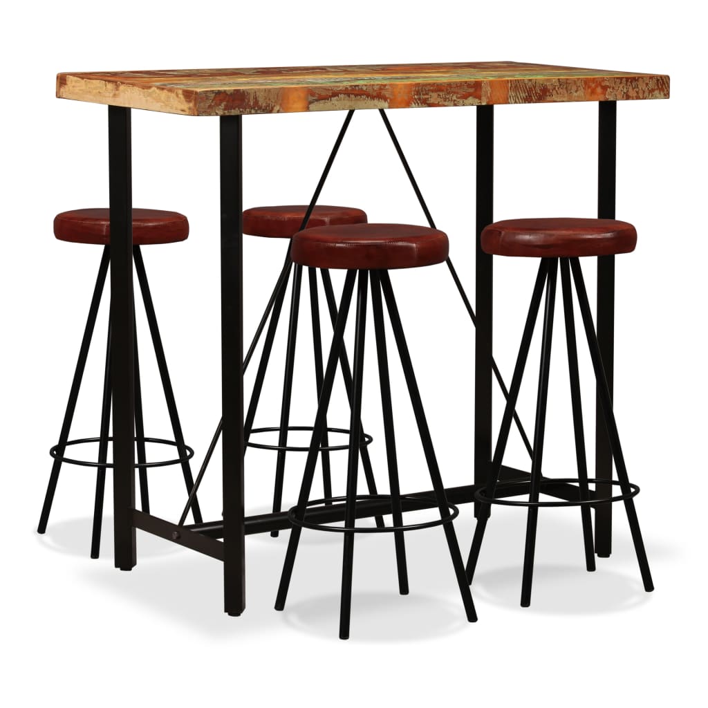 vidaXL Set mobilier bar, 5 piese lemn masiv reciclat și piele naturală vidaXL imagine noua 2022