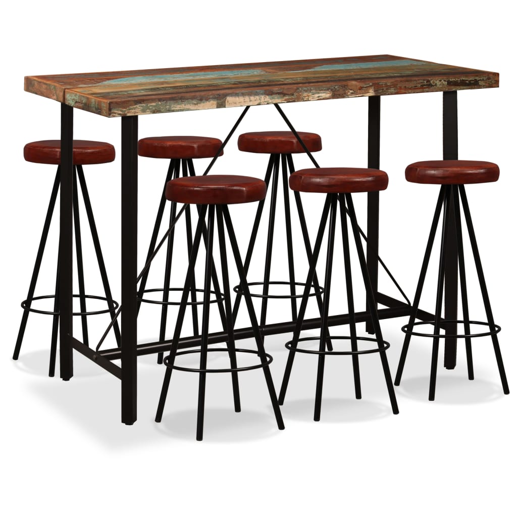vidaXL Set mobilier bar, 7 piese lemn masiv reciclat și piele naturală vidaXL