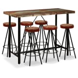 vidaXL Mesa y 6 taburetes bar madera maciza reciclada cuero real lona