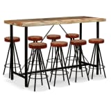 vidaXL Mesa y 8 taburetes bar madera maciza reciclada cuero real lona