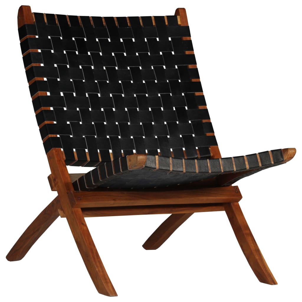 Folding Chair Crossed-Stripe Black Real Leather
