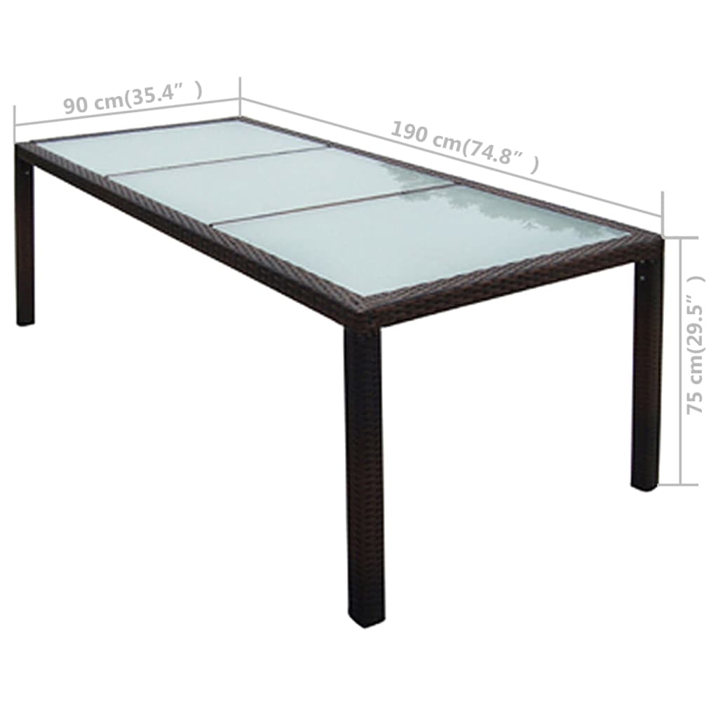 vidaXL Zahradní stůl 190 x 90 x 75 cm hnědý polyratan a sklo