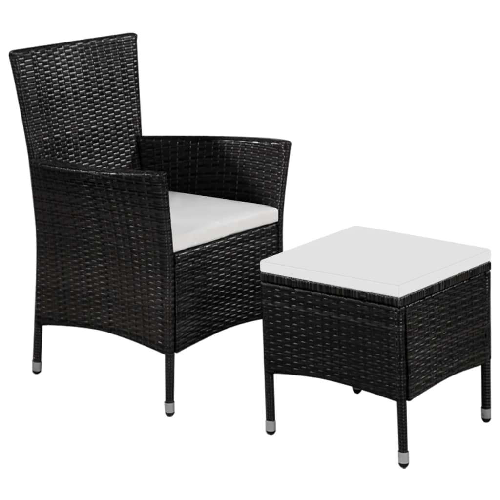 Image of vidaXL Outdoor Chair and Stool with Cushions Poly Rattan Black