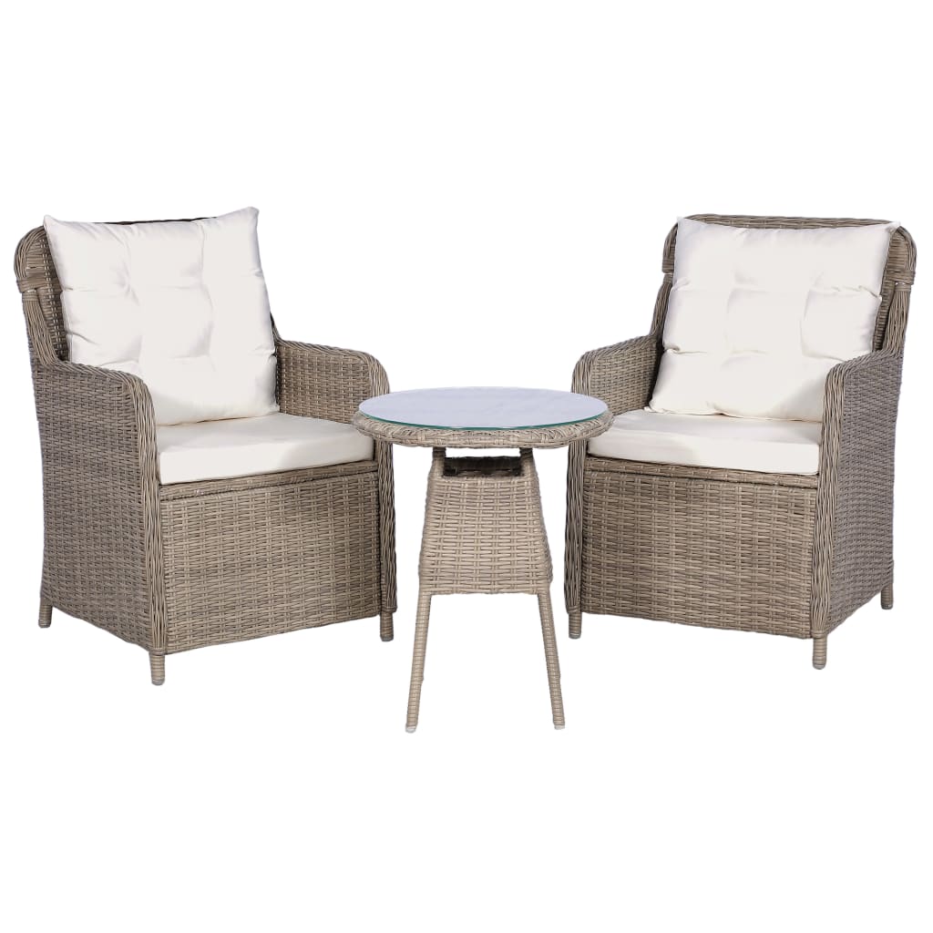 3-tlg. Bistro-Set mit Auflagen und Kissen Poly Rattan Braun