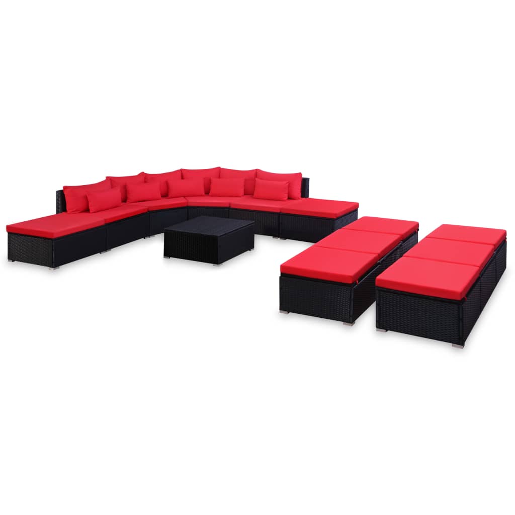 Poza vidaXL Set mobilier de gradina cu perne, 9 piese, rosu, poliratan