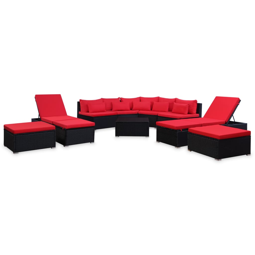 vidaXL 9 Piece Patio Lounge Set with Cushions Poly Rattan Red