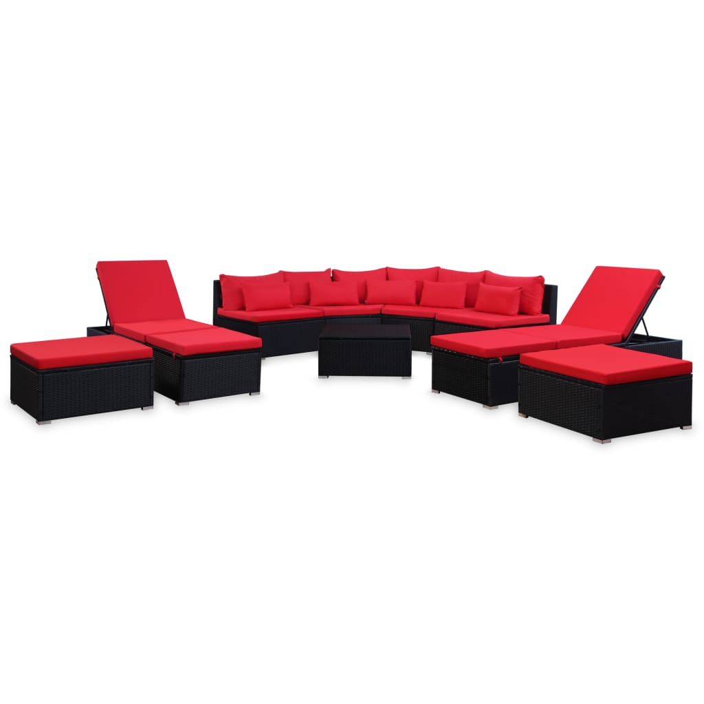 vidaXL 9-delige Loungeset met kussens poly rattan rood