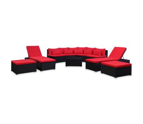 vidaXL 9 Piece Patio Lounge Set with Cushions Poly Rattan Red