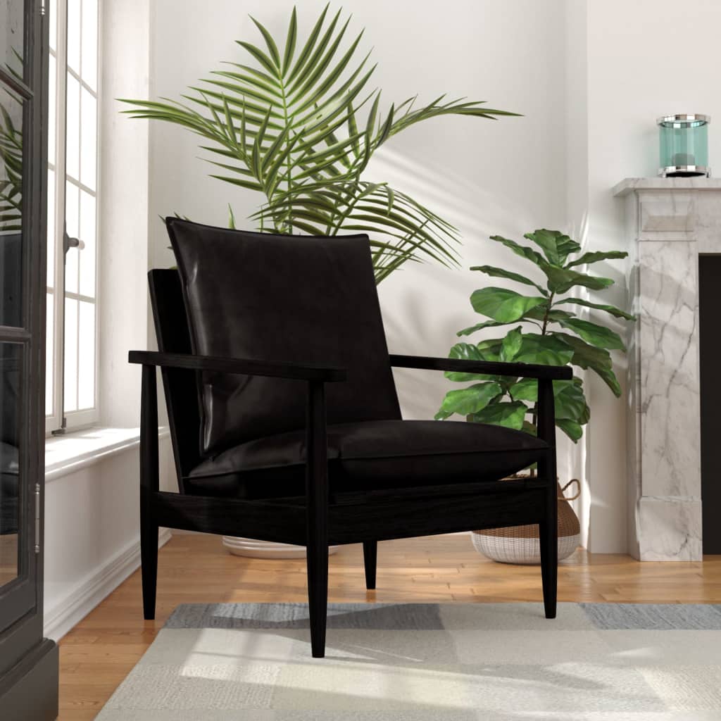 vidaXL Armchair Black Real Leather with Solid Wood Acacia