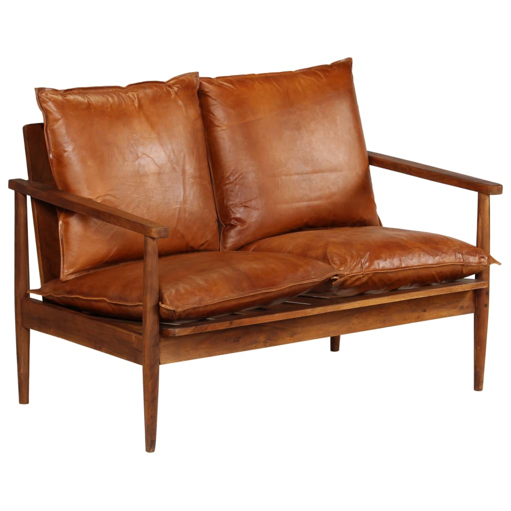 Photos - Sofa VidaXL 2-Seater  Real Leather with Acacia Wood Brown 