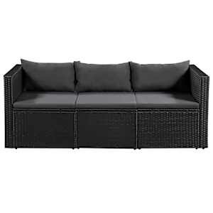 vidaXL Trivietė sodo sofa, juoda, poliratanas, su pilkomis pagalvėl.