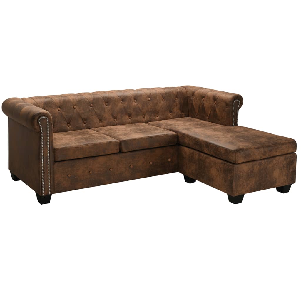 vidaXL L-formet Chesterfield sofa imiteret ruskind brun