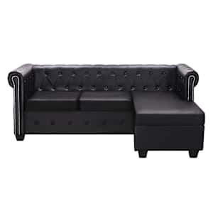 vidaXL L-formos Chesterfield sofa, dirbtinė oda, juoda