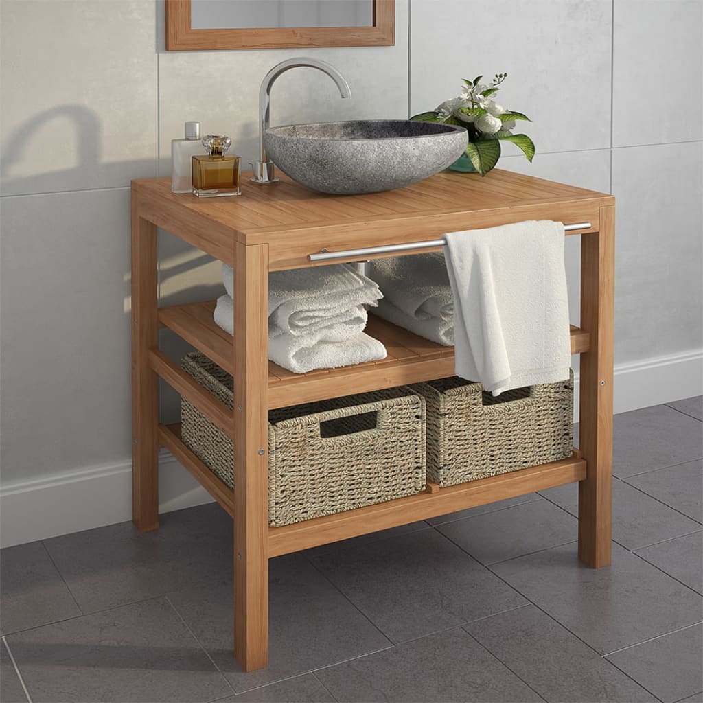 Meuble de salle de bain avec 2 paniers Teck massif 74x45x75 cm