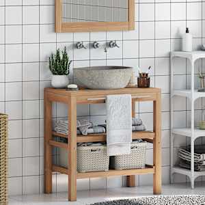 vidaXL Vonios spint. kompl., tikm. med. masyvas su upės akm. praustuve