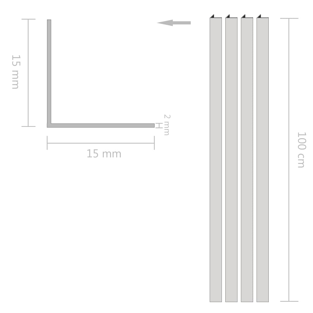 vidaXL Hliníkové lišty 4 ks L profil 1 m 15 x 15 x 2 mm