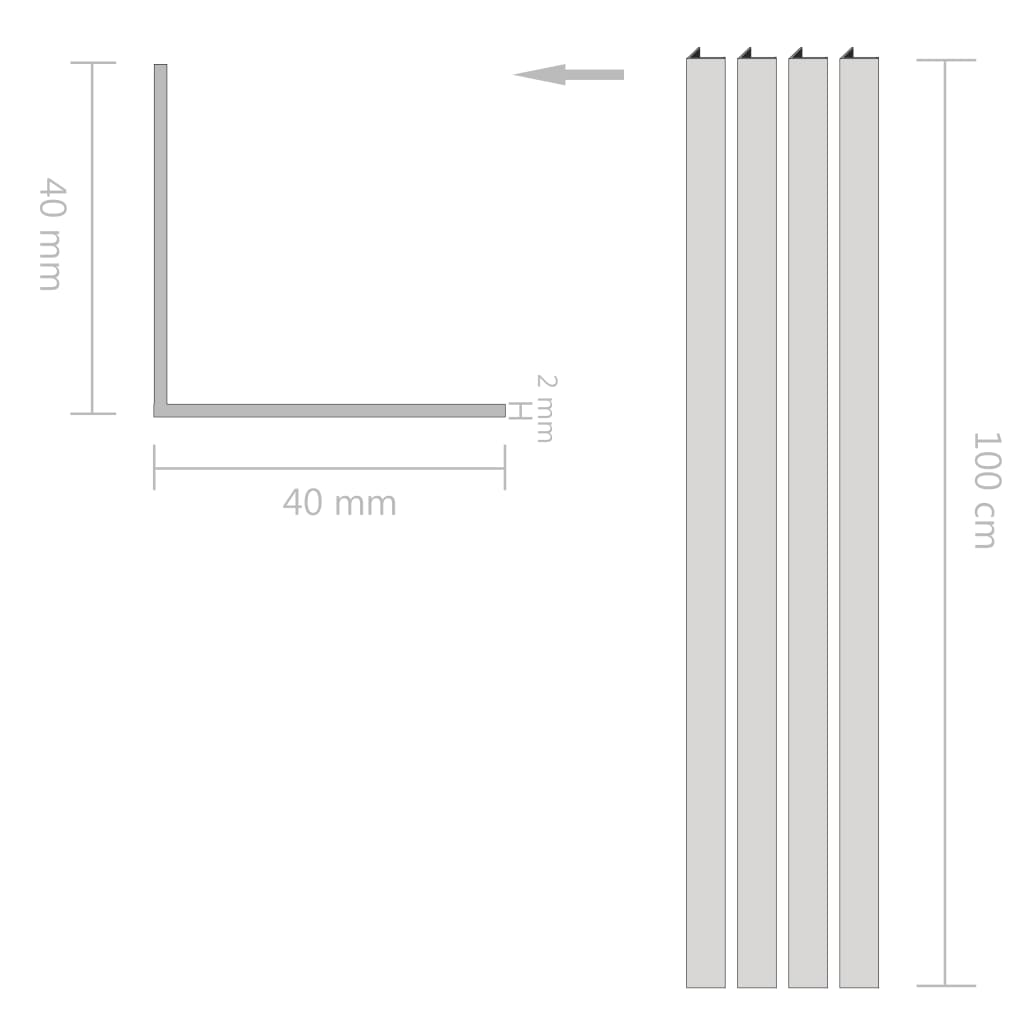 vidaXL Barras de aluminio angulares perfil en L 1 m 4 uds 40x40x2mm