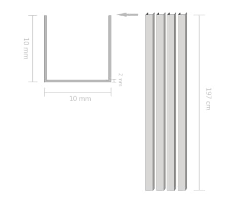 vidaXL Aluminijasti kanali U profil 4 kosi 2 m 10x10x2 mm