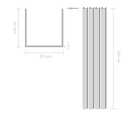 vidaXL 4 pcs Aluminium Channels U Profile 1m 20x20x2mm