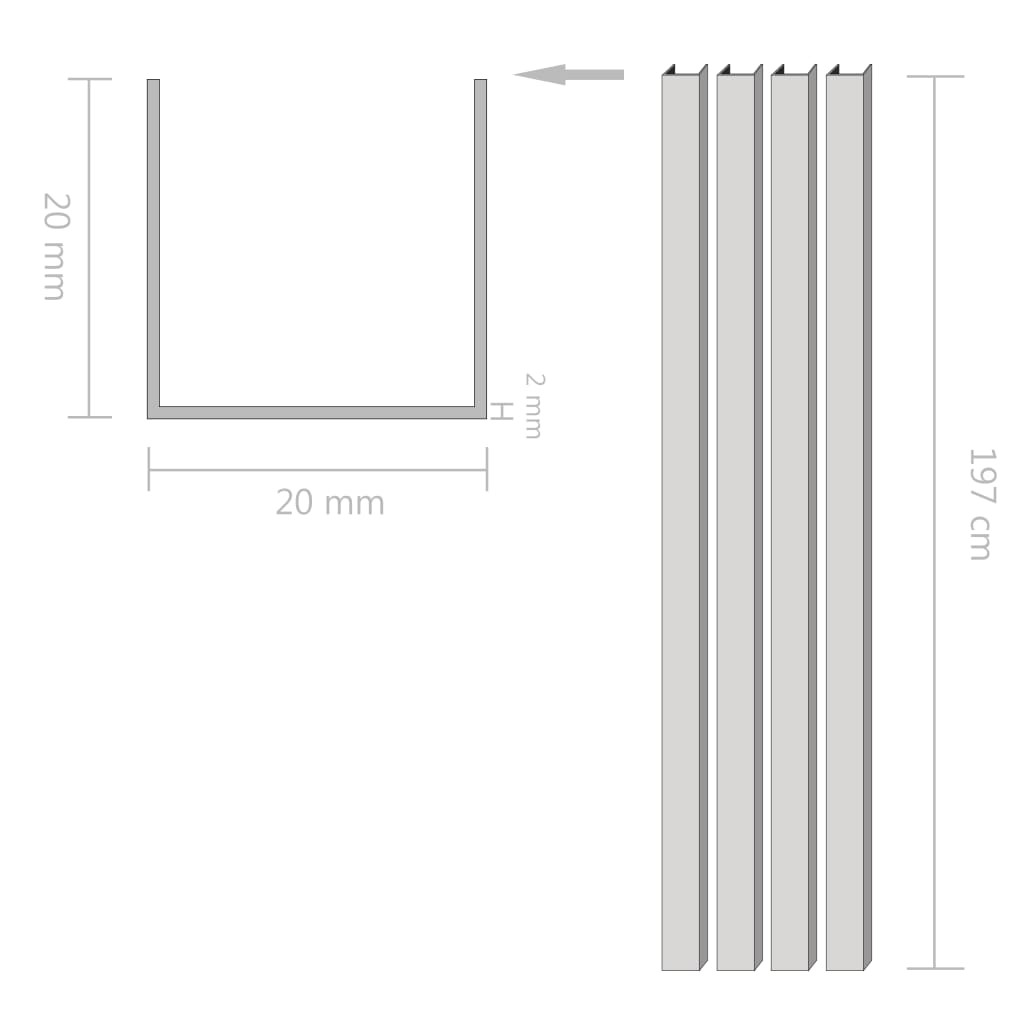 vidaXL Aluminiowe profile U-kształtne, 4 szt., 2 m, 20x20x2 mm