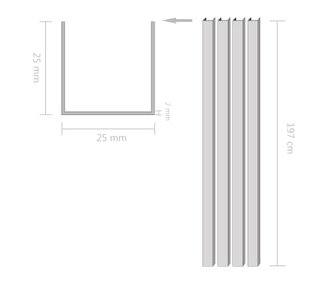 vidaXL Aluminiowe profile U-kształtne, 4 szt., 2 m, 25x25x2 mm