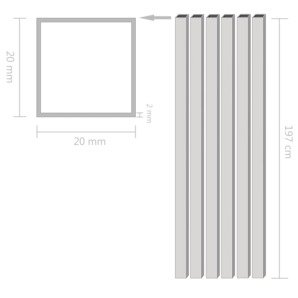 vidaXL Rury aluminiowe, 6 szt., przekrój kwadratowy, 2 m, 20x20x2 mm