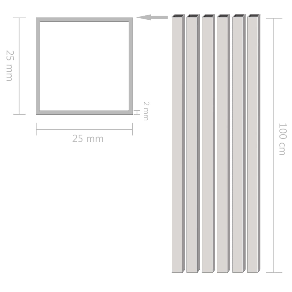 vidaXL Rury aluminiowe, 6 szt., przekrój kwadratowy, 1 m, 25x25x2 mm
