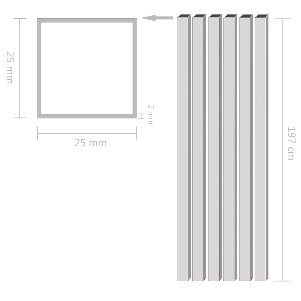vidaXL Rury aluminiowe, 6 szt., przekrój kwadratowy, 2 m, 25x25x2 mm