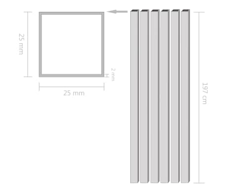 vidaXL Alium. vamzdžiai, 6vnt., 2m, 25x25x2mm, kvad., dėž. form. prof.
