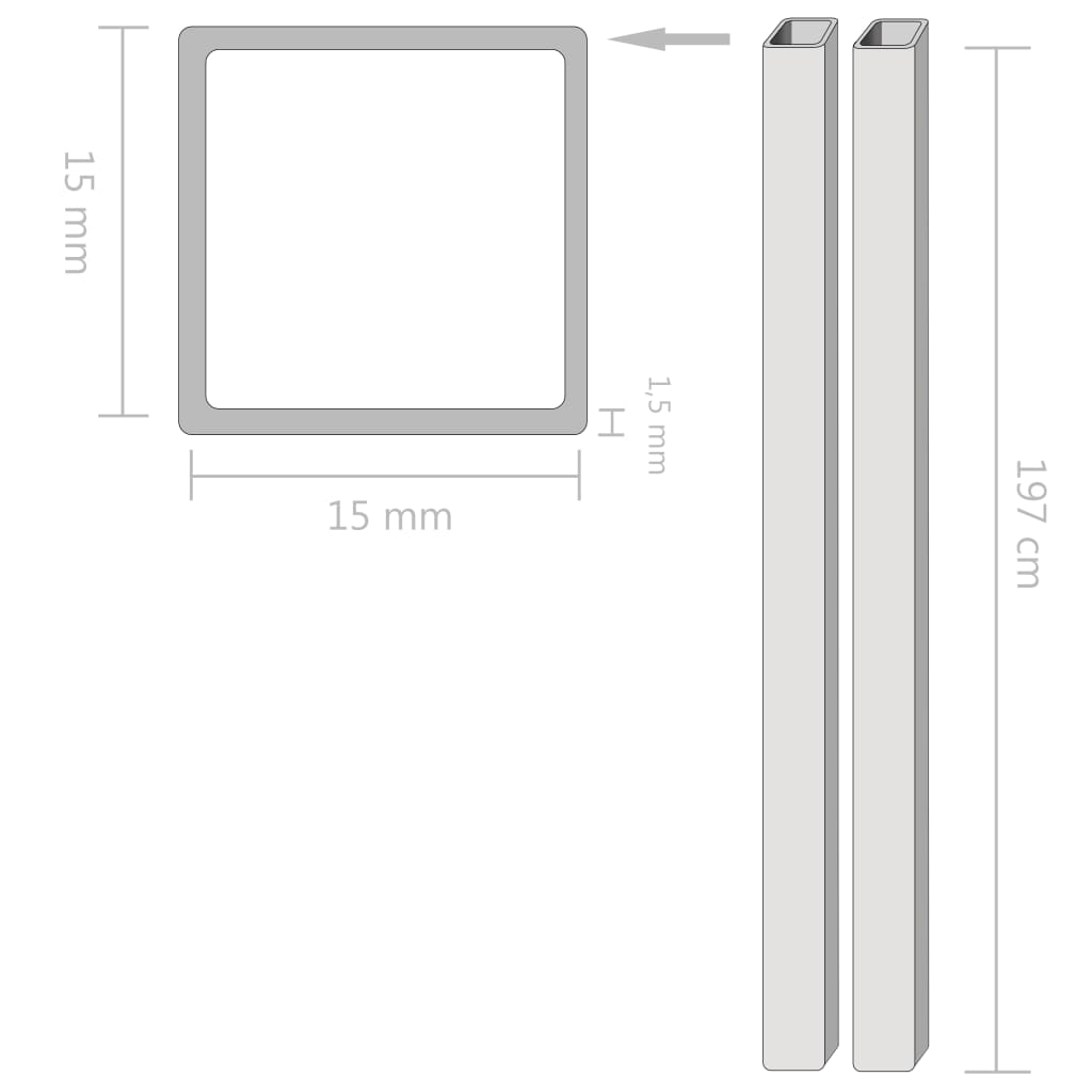 2 rozsdamentes acél négyzetes zártszelvény V2A 15x15x1,5mm, 2 m 