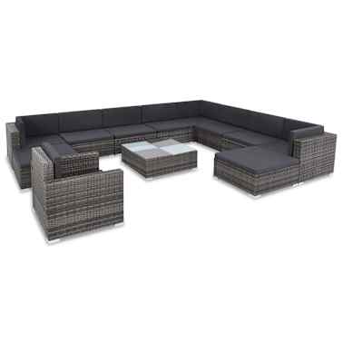 vidaXL 12 pcs conjunto lounge de jardim c/ almofadões vime PE cinzento[1/13]