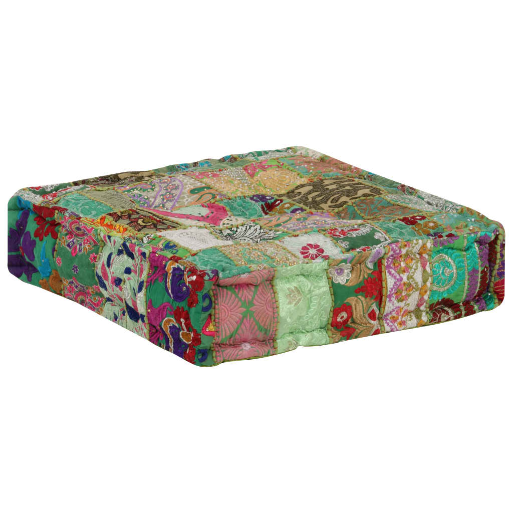 Thumbnail - vidaXL Pouf Flickwerk Quadrat Baumwolle Handgefertigt 50×50×12 cm Grün