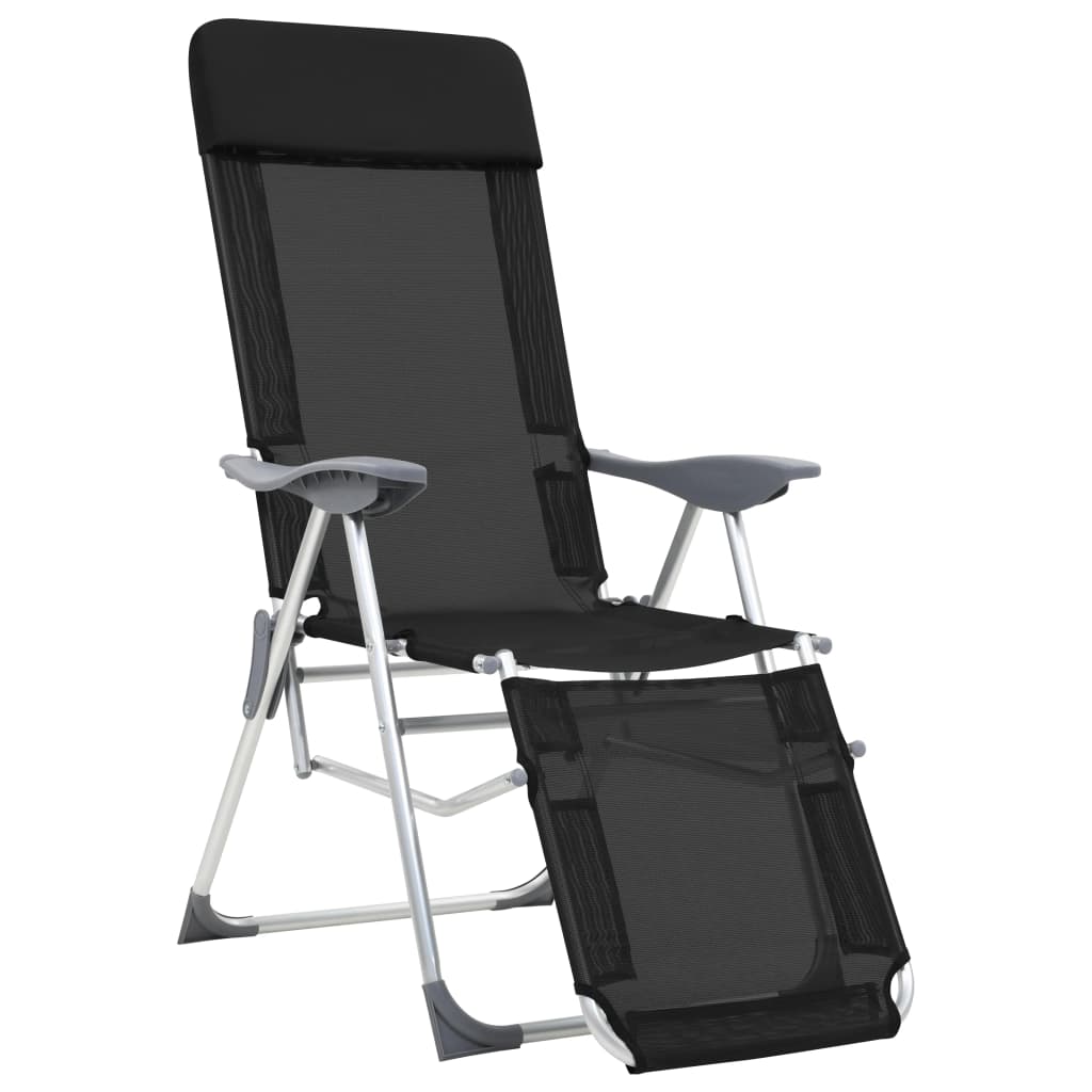 vidaXL saliekami kempinga krēsli, 2 gb., kāju balsts, melni, alumīnijs