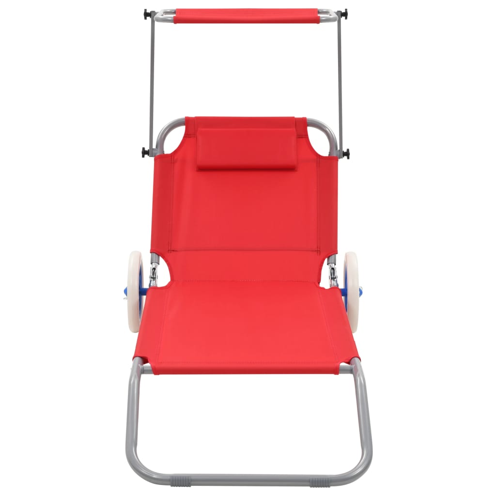 vidaXL Chaise longue pliable avec auvent et roues Acier Rouge