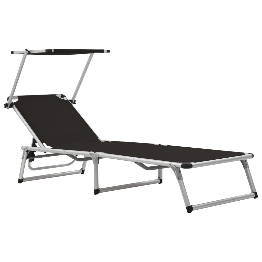 vidaXL Chaise longue pliable avec auvent Aluminium et textilène Noir