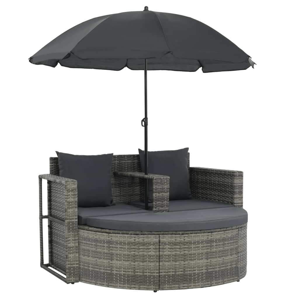 

vidaXL 2 Seater Patio Sofa with Cushions and Parasol Gray Poly Rattan