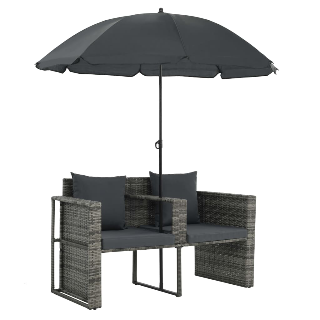 

vidaXL Tuinbank 2-zits met kussens en parasol poly rattan grijs