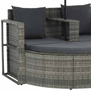 vidaXL Sofá jardim 2 lugares vime PE cinzento almofadões e guarda-sol[6/8]